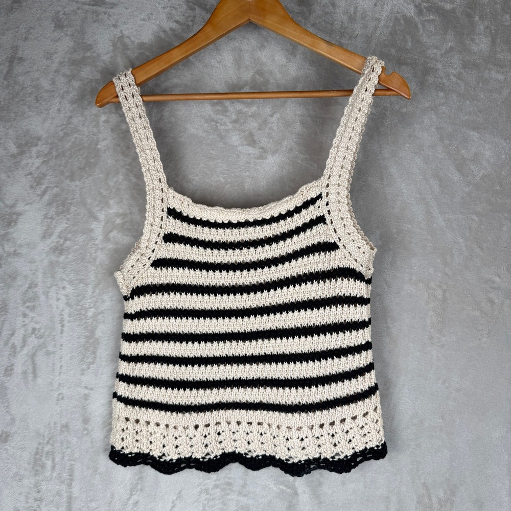 Madewell Crochet Striped Tank Top Cream Black Square Neck Scalloped Hem Medium